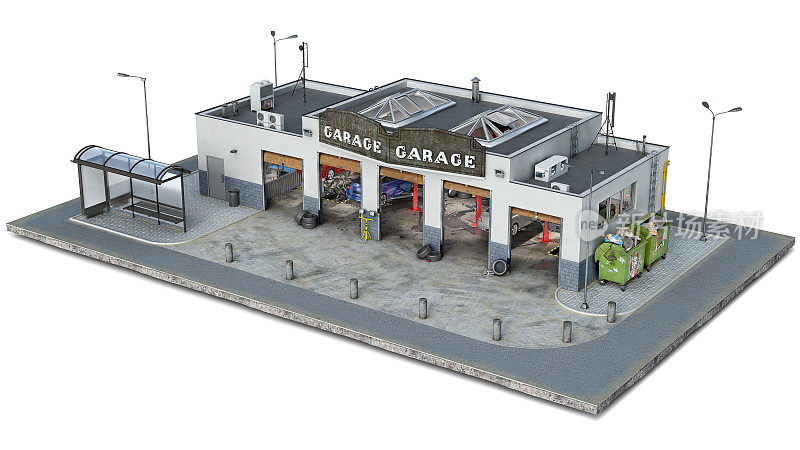 Auto repair building on a piece of ground, 3d插图